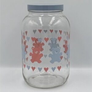 Vintage Teddy Bear Glass Jar Pastel Hearts Cottagecore Farmhouse Kitchen Decor
